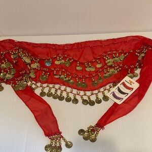 Vibrant Red and Gold Coin Dance Scarf
